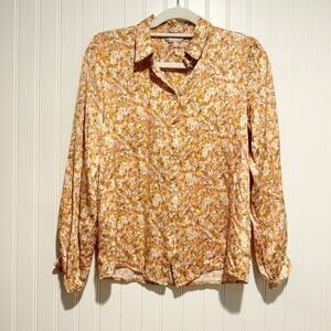 Esqualo Orange Floral Satin Blouse Button Up Size 4